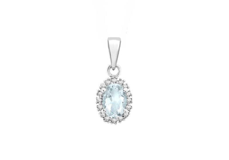 9ct White Gold 0.05t Diamond and Oval Aquamarine Cluster Pendant