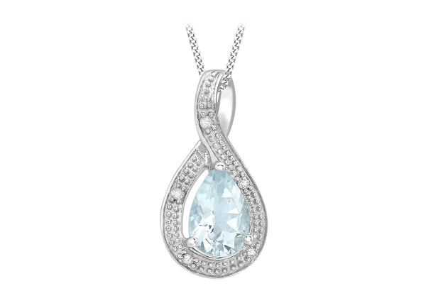 9ct White Gold 0.02t Diamond and 0.71t Aquamarine Cross Over Pendant
