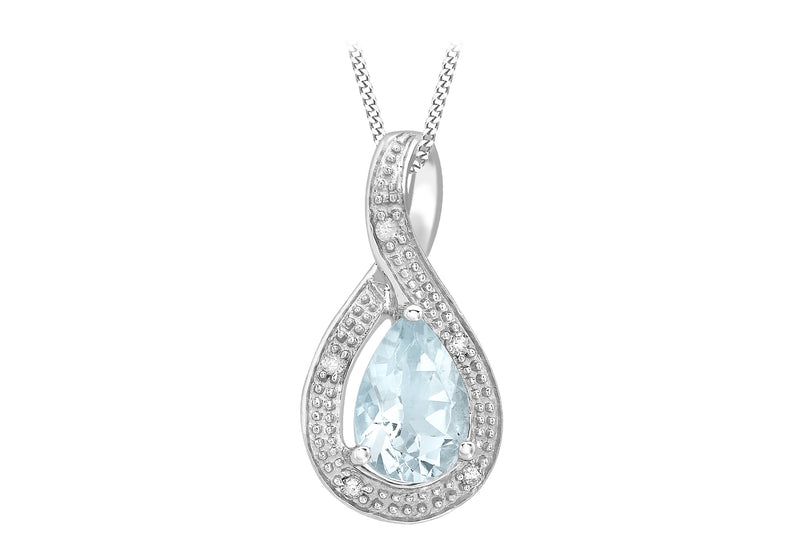 9ct White Gold 0.02t Diamond and 0.71t Aquamarine Cross Over Pendant