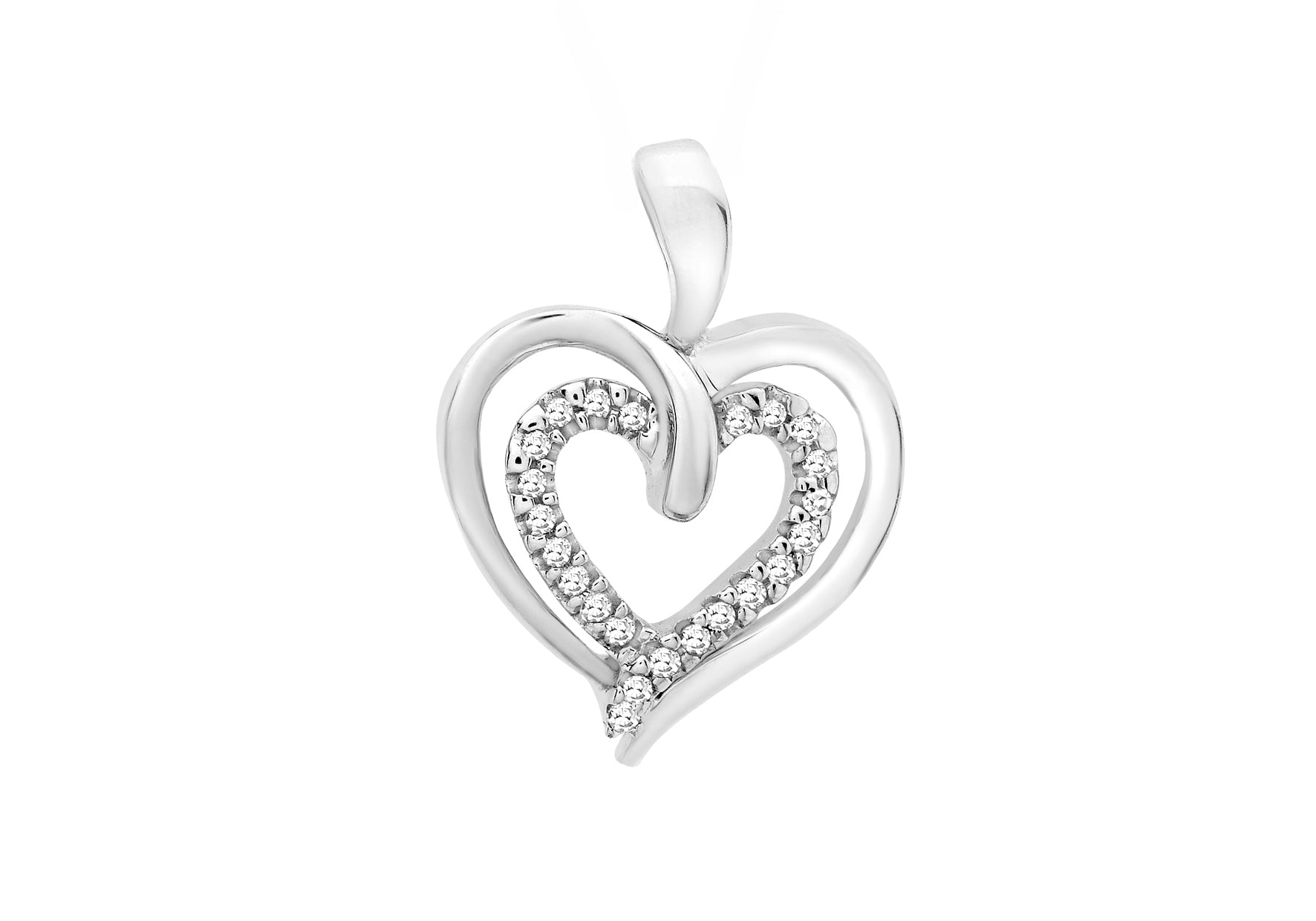 9ct White Gold 0.07t Diamond 13mm x 17.5mm Double-Heart Pendant