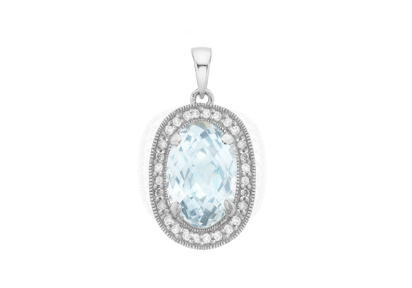 9ct White Gold 0.05t Diamond and Oval Blue Topaz Pendant