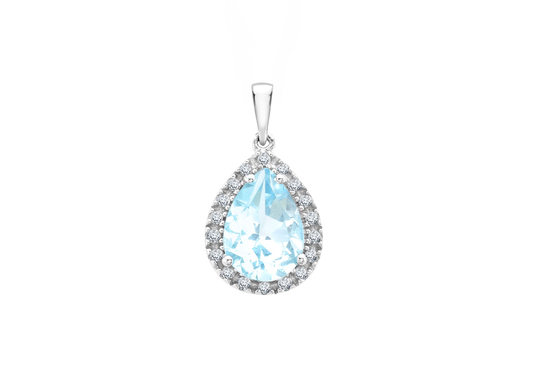 9ct White Gold 0.13t Diamond and Teardrop Blue Topaz 10mm x 15mm Pendant