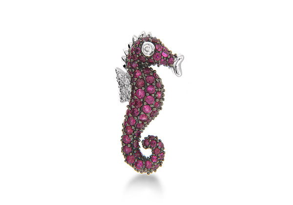 9ct White Gold 0.08t Diamond and Ruby Seahorse Pendant