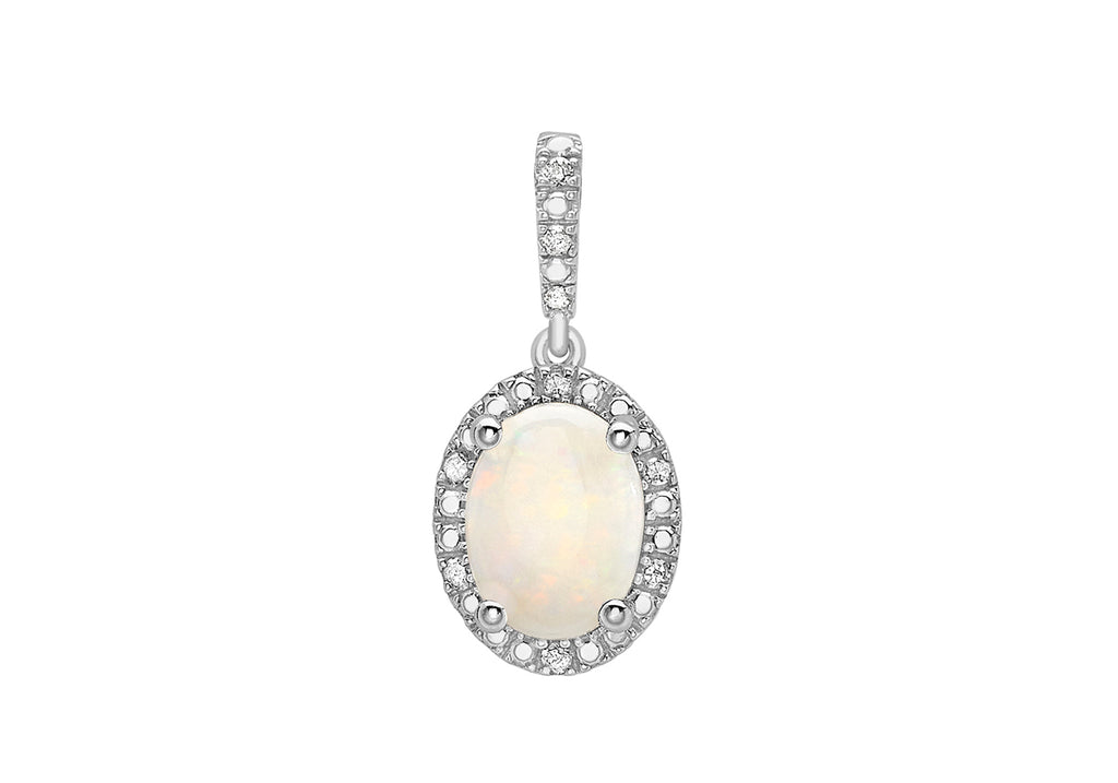 9ct White Gold 0.05t Diamond and Opal Cluster Pendant
