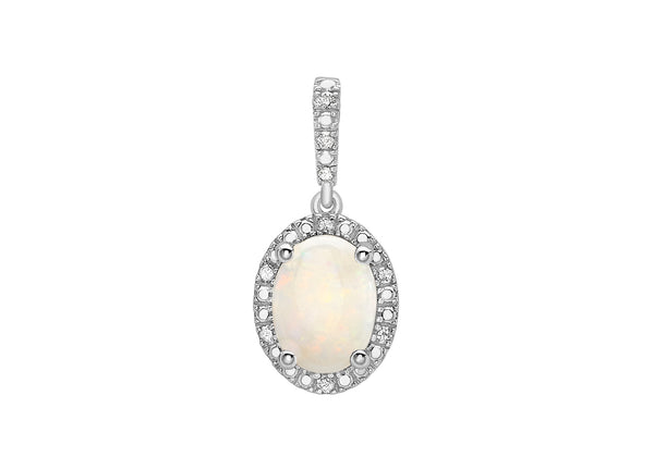 9ct White Gold 0.05t Diamond and Opal Cluster Pendant