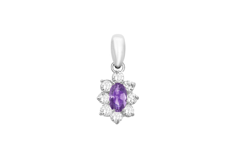 9ct White Gold Purple and White Zirconia  Oval Flower Pendant