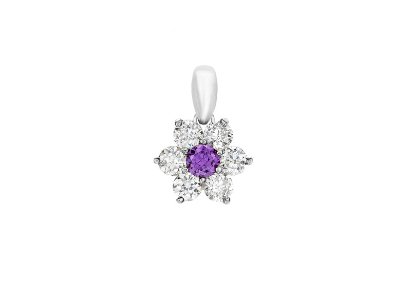 9ct White Gold Purple and White Zirconia  Flower Cluster Pendant