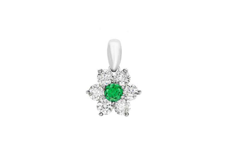 9ct White Gold Green and White Zirconia  Flower Cluster Pendant
