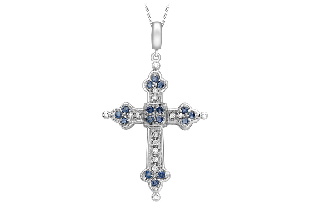 9ct White Gold 0.09ct Diamond and Sapphire Gothic Cross Pendant