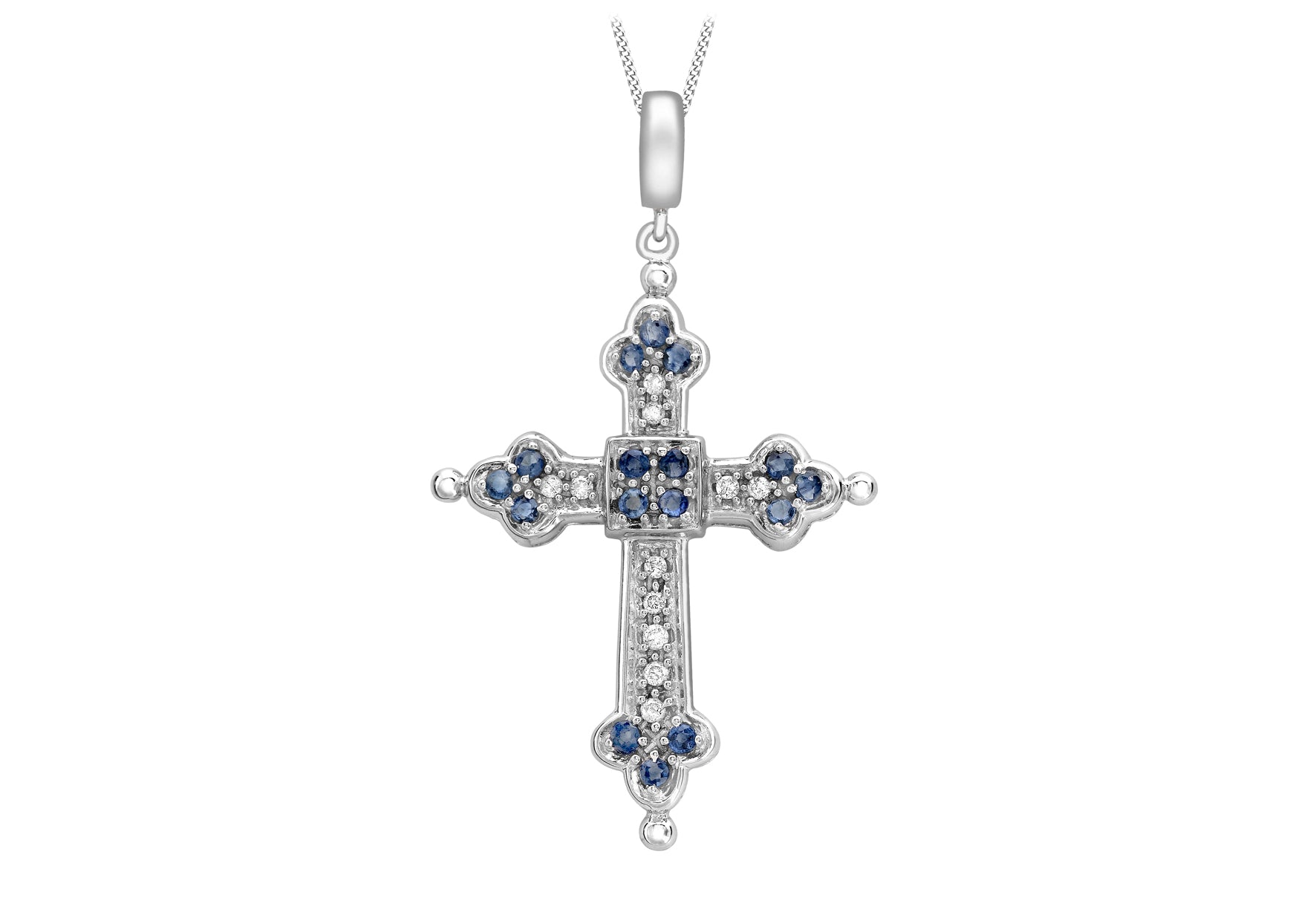 9ct White Gold 0.09ct Diamond and Sapphire Gothic Cross Pendant