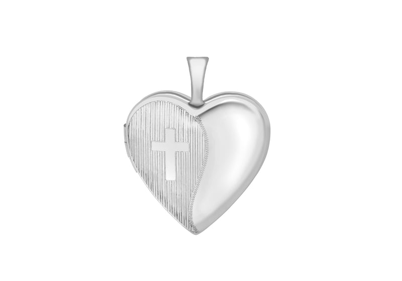 9ct White Gold Etched  Cross Detail Heart Locket
