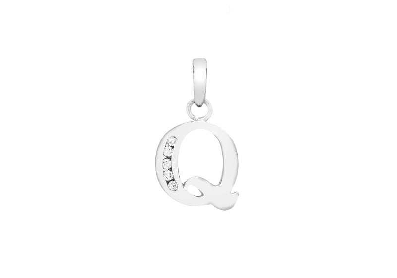 9ct White Gold Zirconia  10mm x 13mm 'Q' Initial Pendant