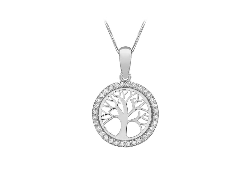 9ct White Gold Zirconia  12.8mm 'Tree of Life' Pendant