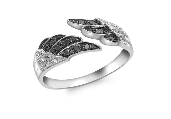 9ct White Gold 0.19ct Black and White Diamond Angel Wing Ring