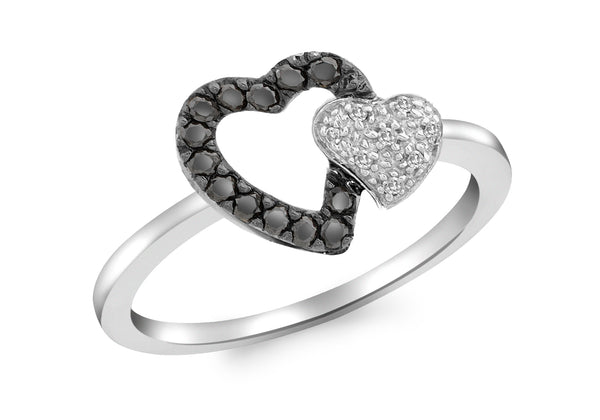 9ct White Gold 0.23t Black and White Diamond Double-Heart Ring