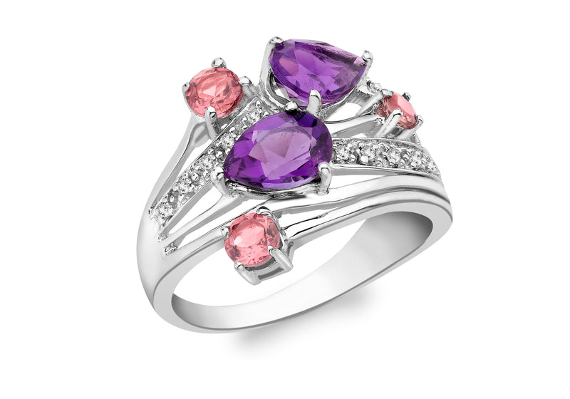 9ct White Gold 0.10ct Pave Set Diamond Amethyst and Pink Tourmaline Ring