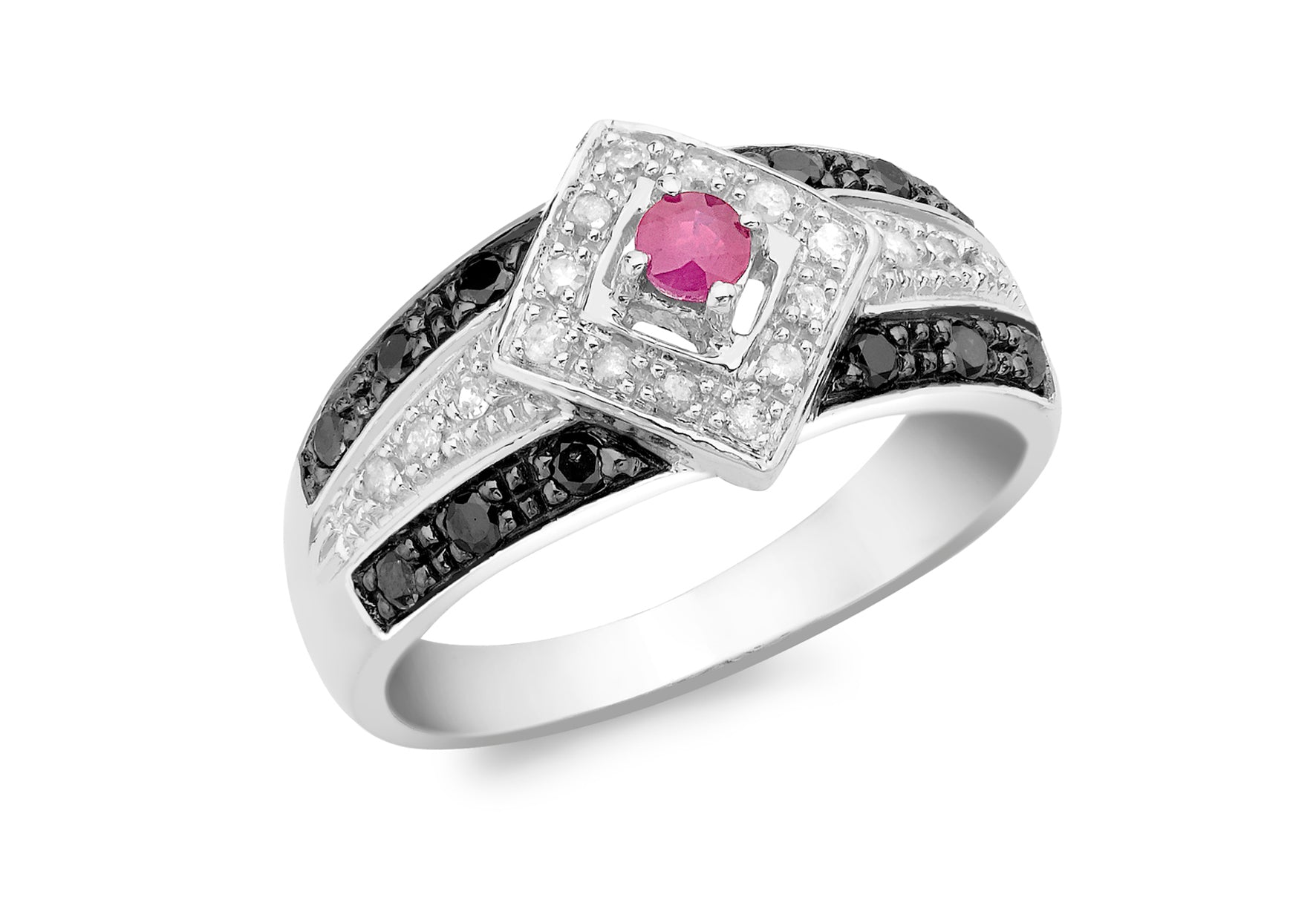 9ct White Gold Black White Diamond Ruby Ring - Main Image