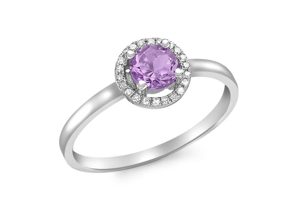 9ct White Gold 0.06t Diamond and Round Amethyst Ring