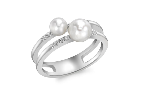 9ct White Gold 0.10ct Diamond and Pearl Double Band Ring