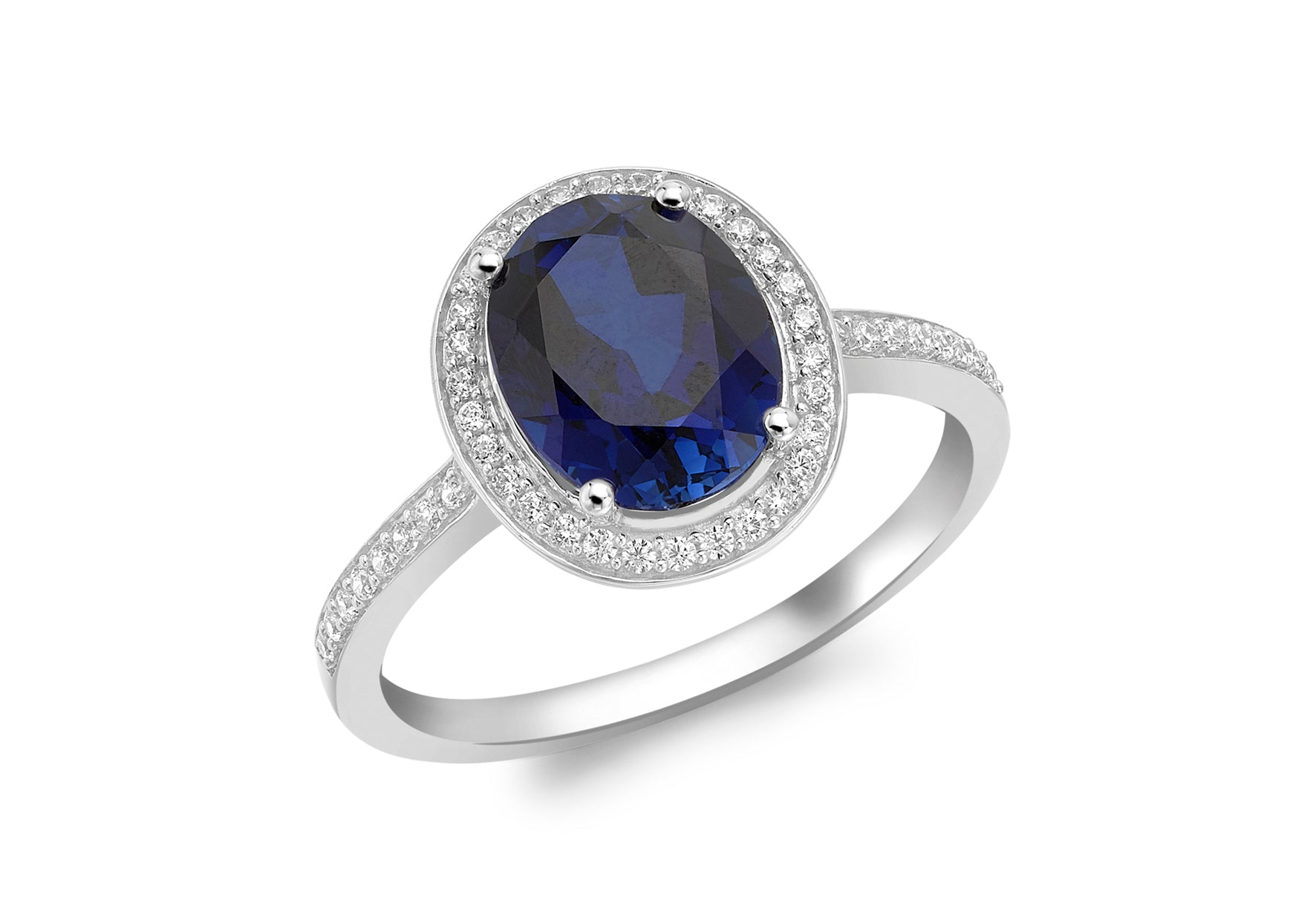 9ct White Gold Blue and White Oval Zirconia  Cluster Shoulder Detail Ring