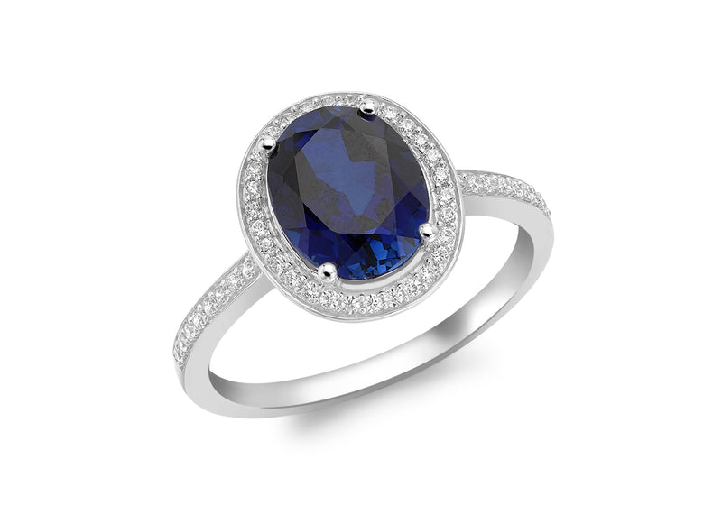 9ct White Gold Blue and White Oval Zirconia  Cluster Shoulder Detail Ring