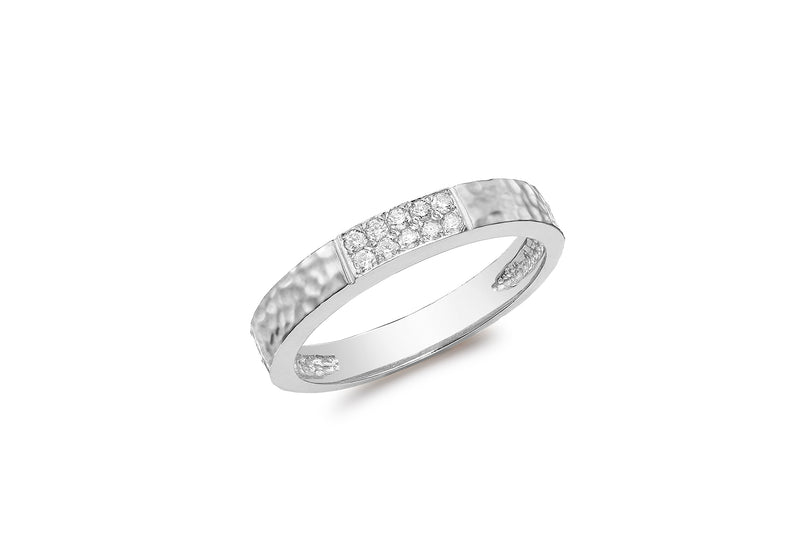9ct White Gold 0.10ct Diamond Paved Hammered Band Ring