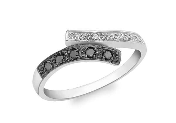 9ct White Gold 0.10ct Black and White Diamond Crossover Ring