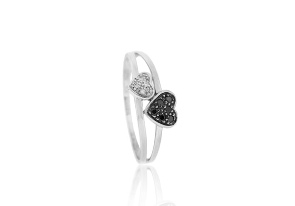 9ct White Gold 0.10ct Black and White Diamond Double-Heart Ring