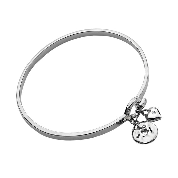 Heart & Flower Charms Bangle Hand-Set With A Diamond Accent