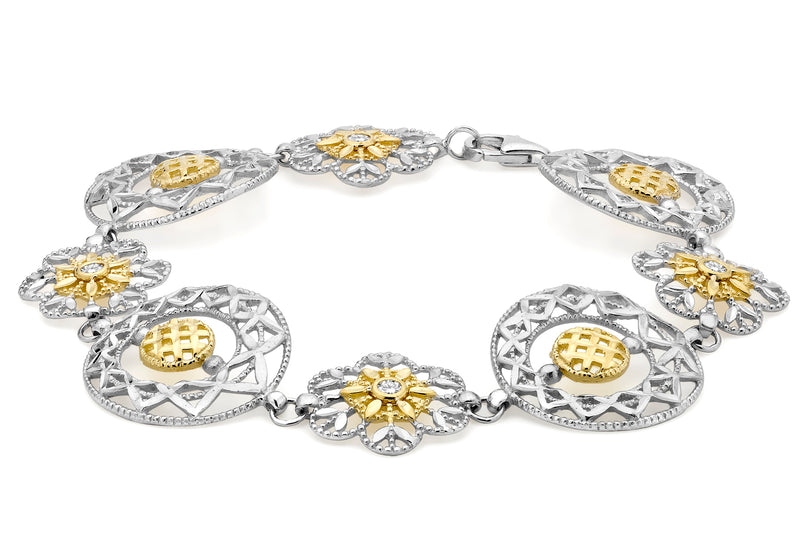 9ct 2-Colour Gold Zirconia  Diamond Cut Filigree Flower and Circle Link Bracelet 19m/7.5"9