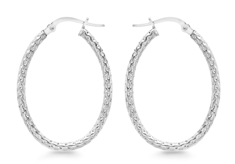 9ct White Gold 22mm x 31mm Diamond Cut Oval Creole Earrings