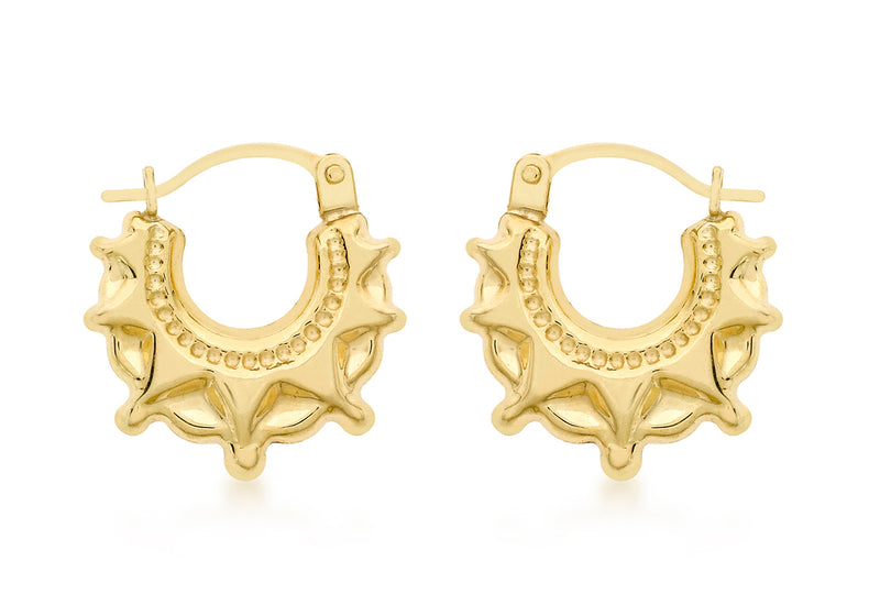 18ct Yellow Gold 14mm x 17mm Star-Patterned Creole Earrings