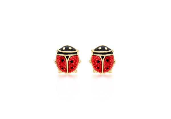 18ct Yellow Gold 6mm x 7mm Enamel Ladybird Stud Earrings