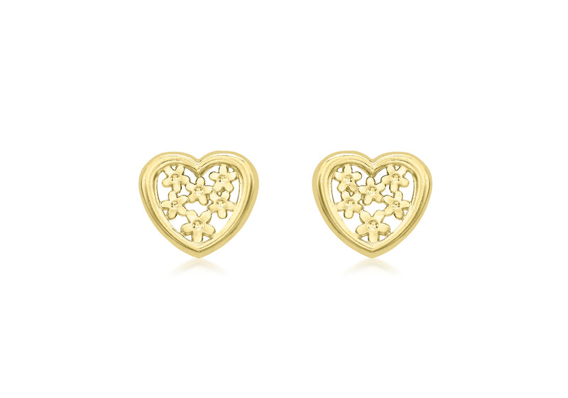 18ct Yellow Gold 8mm x 7mm Flower Heart Stud Earrings