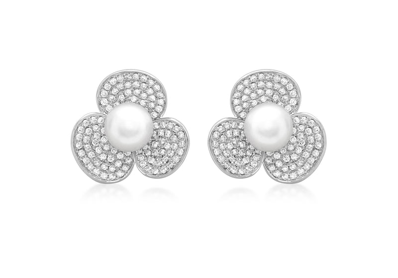 18ct White Gold 0.90t Diamond and Pearl Flower Stud Earrings
