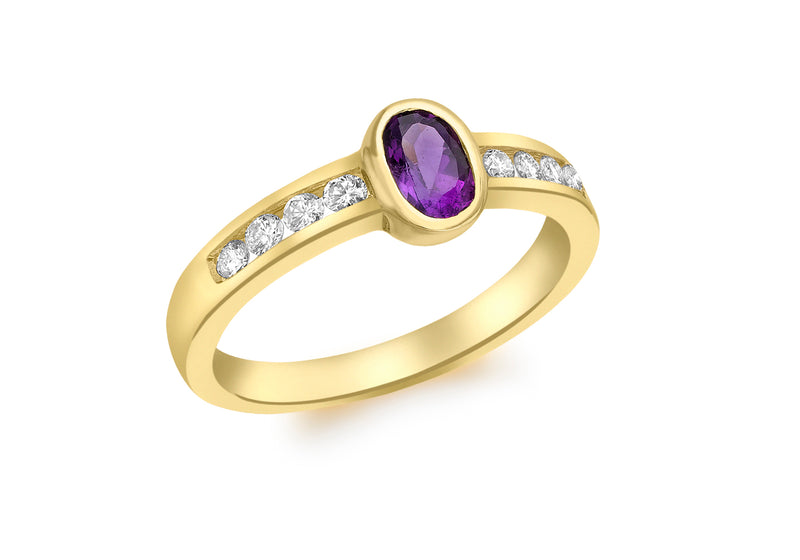 18ct Yellow Gold 0.20t Diamond and Oval Amethyst Ring