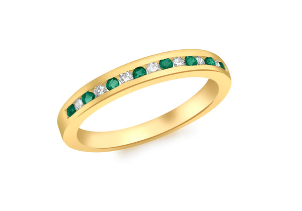 18ct Yellow Gold 0.10ct Diamond and Emerald Channel Set Half Eternity Ring