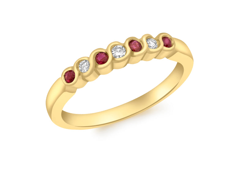 18ct Yellow Gold 0.06t Diamond and Ruby Rubover Set Half Eternity Ring