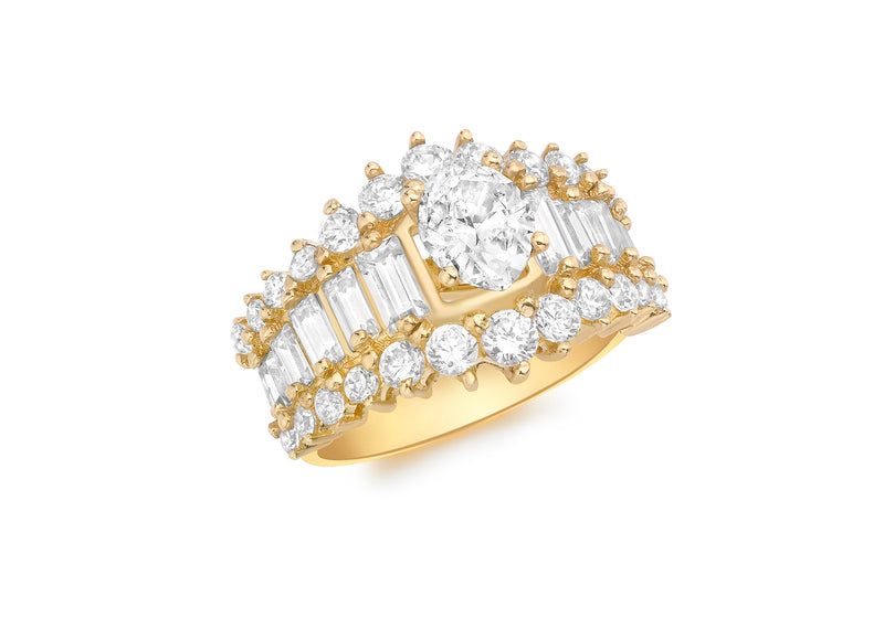18ct Yellow Gold Baguette Oval Zirconia Set Ring
