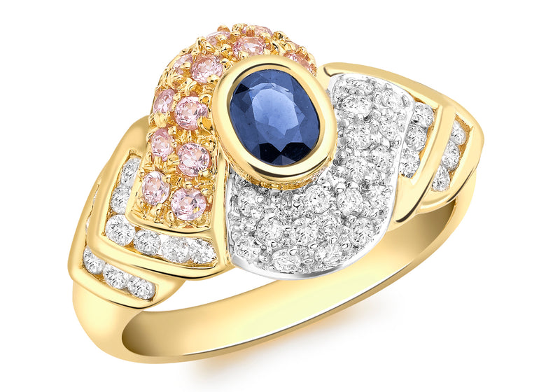 18ct Yellow Gold 0.48ct Diamonds with Pink and Blue Sapphire Pave Set Ring 