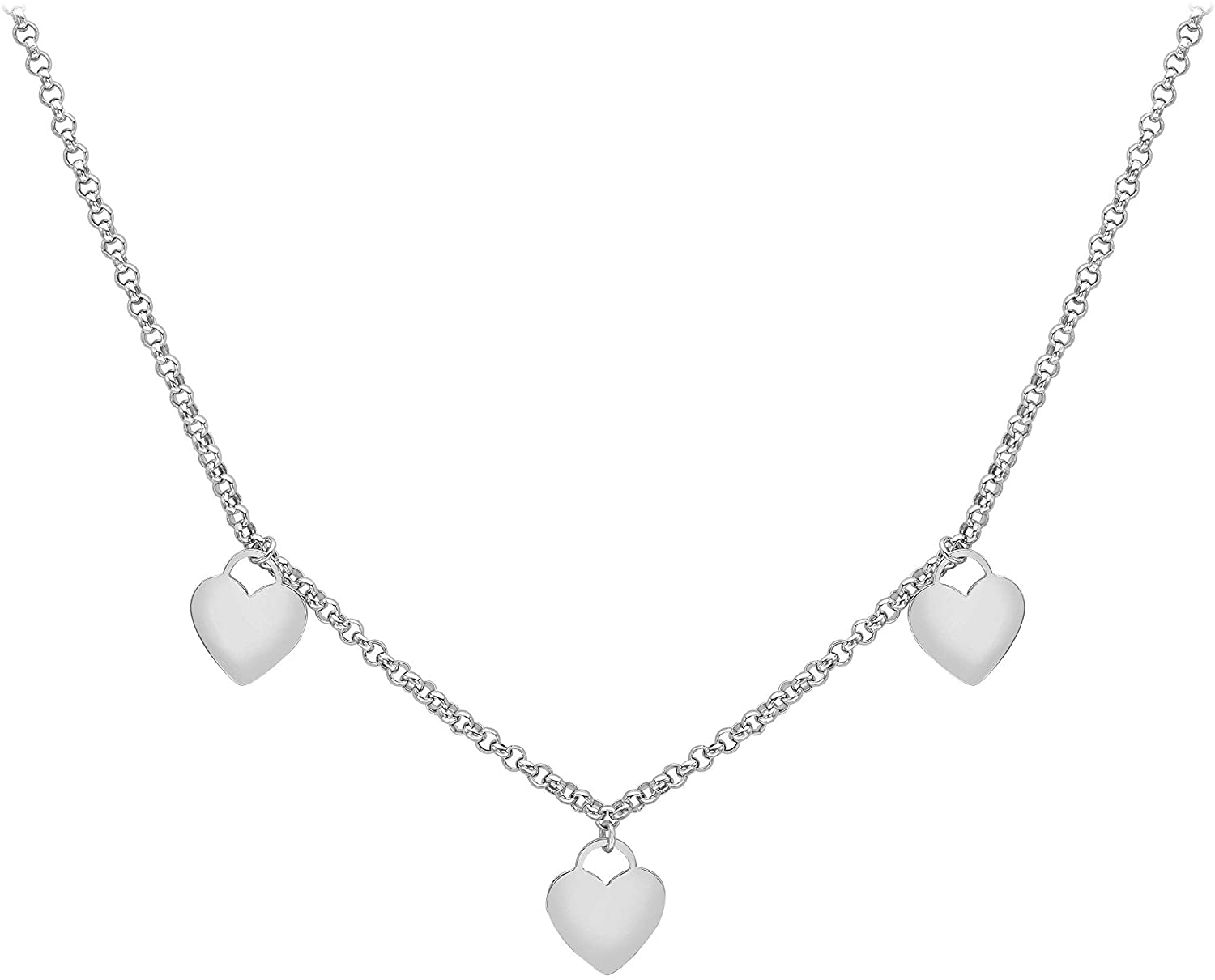 9ct White Gold Triple-Heart Round Belcher Chain Necklace