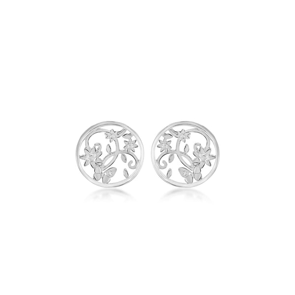 Openwork Floral Butterfly Disc Stud Earrings Hand-Set With Diamond Accent