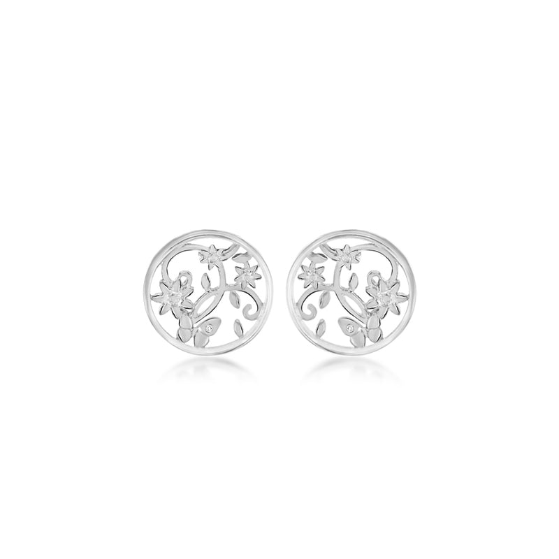 Openwork Floral Butterfly Disc Stud Earrings Hand-Set With Diamond Accent