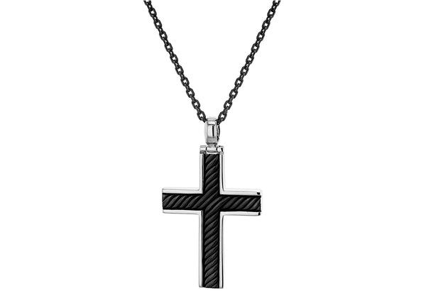 Sterling Silver Black Rhodium Plated Twist Cross Necklace