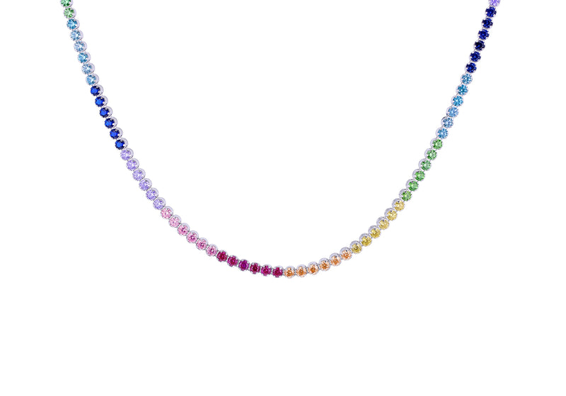 Sterling Silver Rhodium Plated Rainbow Zirconia Tennis Necklace