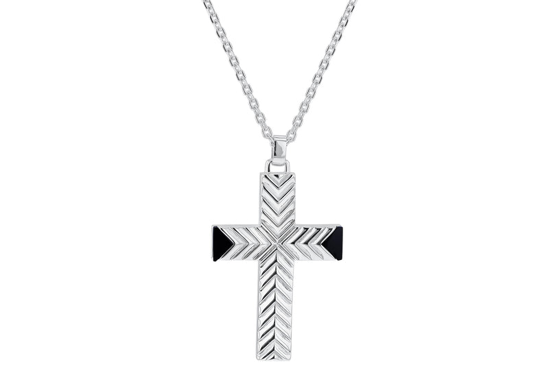 Sterling Silver Rhodium Plated Black Agate Cross Necklace