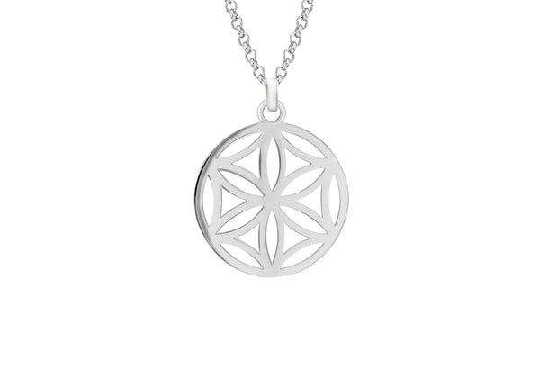 Sterling Silver Rhodium Plated Daisy Design Disc Pendant on Adjustable Chain Necklace  48m/18" - 51m/20"9
