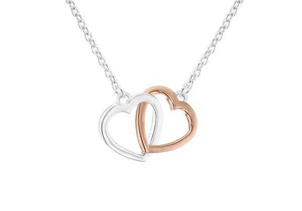 Sterling Silver White and Rose Gold Plated 21mm x 15mm Double-Heart Necklet 46m/18"-48.25m/19"9