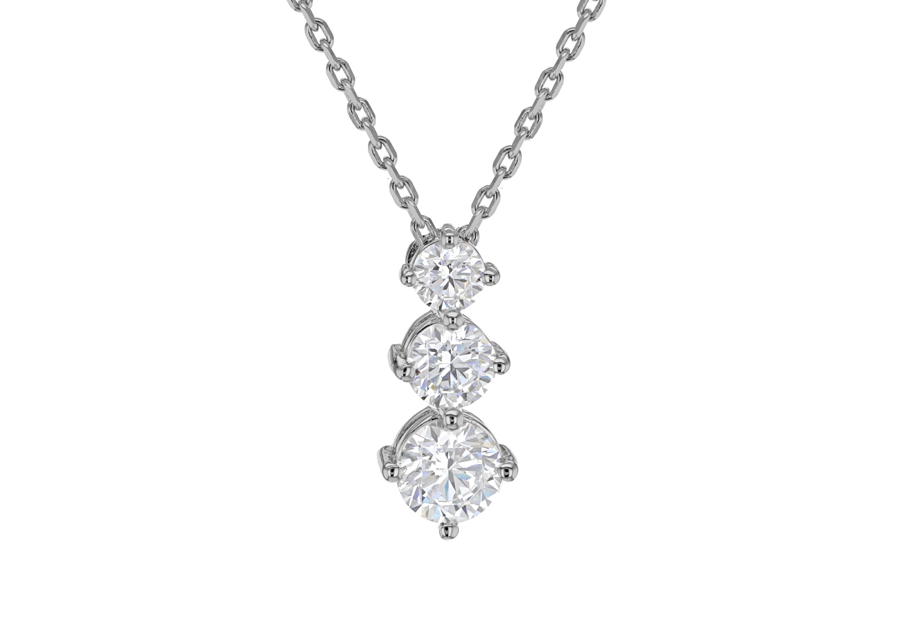 Sterling Silver Rhodium Plated Graduated Trilogy Zirconia  8mm x 18mm Pendant on Adjustable Chain Necklace  39.5m/15.5"-42m/16.5"9