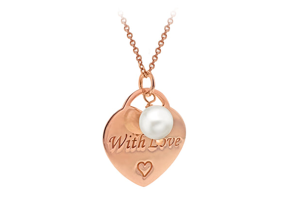 Sterling Silver Rose Gold Plated 'With Love' Heart and Pearl Adjustable Necklace  41m/16"-46m/18"9